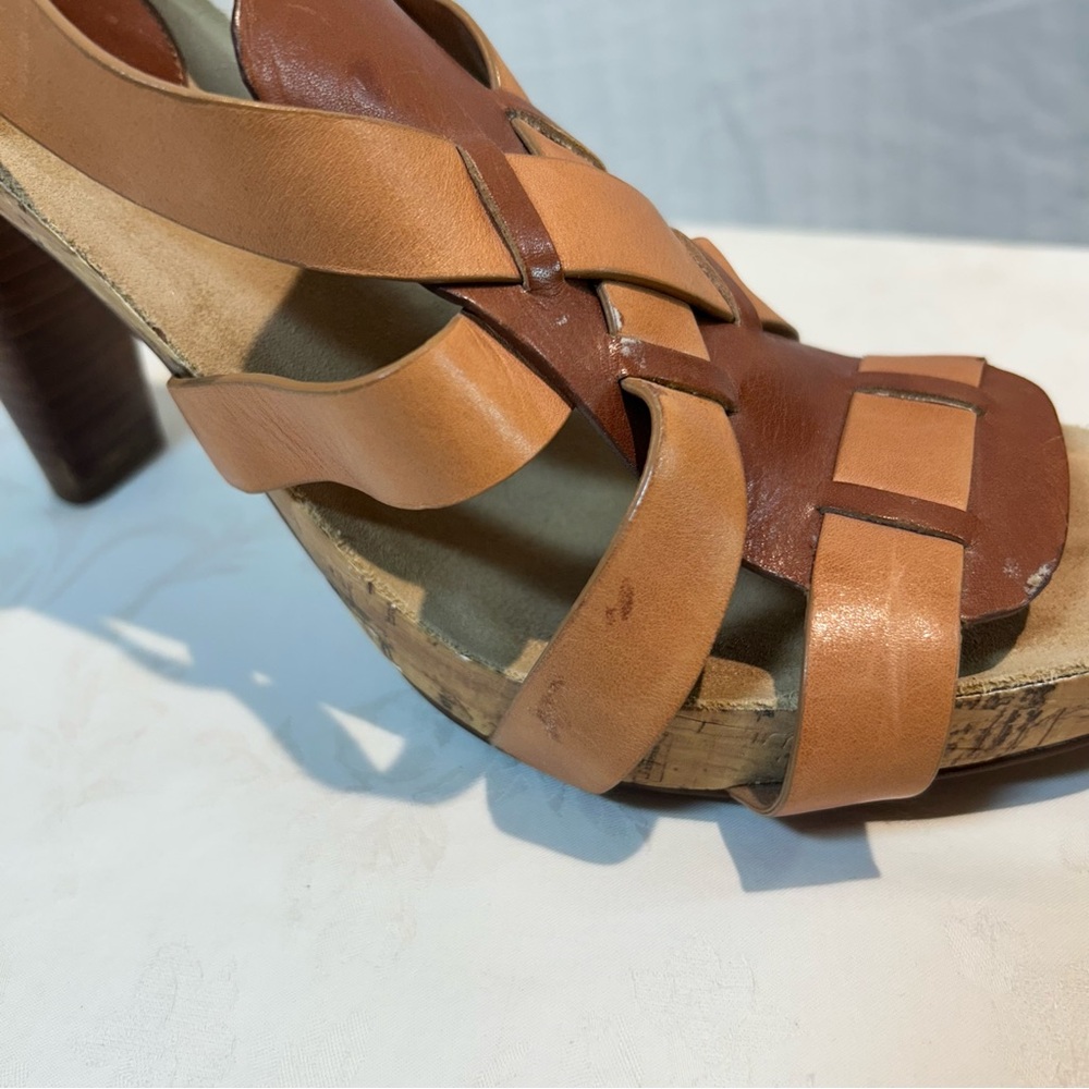 Cole Haan Sz 10 Jocelyn Strappy High Heeled Sandals Leather Brown Tan Wood Heel - Picture 10 of 10